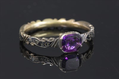 Lot 17 - A Georgian gold amethyst memorial ring, c.1747