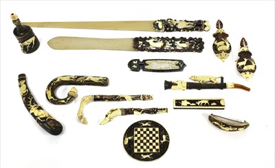 Lot 138 - Fourteen various carved ivory and antler hunting-related items