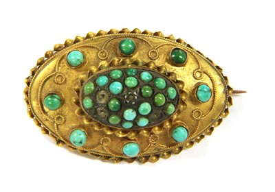 Lot 12 - A Victorian Etruscan Revival style gold turquoise brooch