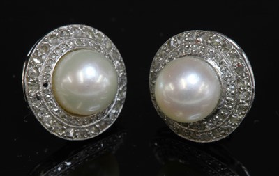Lot 167 - A pair of cultured pearl and diamond cluster earrings, c.1950