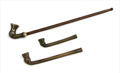 Lot 183 - Three Kyrgyz inlaid wood pipes