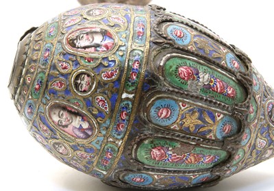 Lot 16 - Two Persian silver and enamelled narghile water pipes