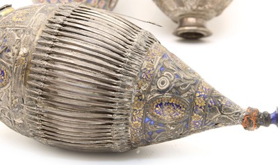 Lot 16 - Two Persian silver and enamelled narghile water pipes