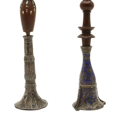 Lot 16 - Two Persian silver and enamelled narghile water pipes
