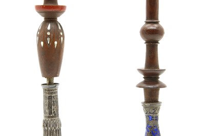 Lot 16 - Two Persian silver and enamelled narghile water pipes