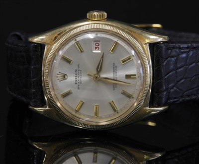 Lot 378 - A gentlemen's 18ct gold Rolex 'Oyster Perpetual Datejust Overtone' strap watch, c.1961