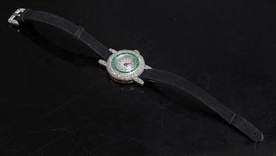 Lot 112 - A ladies' Art Deco 18ct two colour gold Longines emerald and diamond cocktail watch, c.1920
