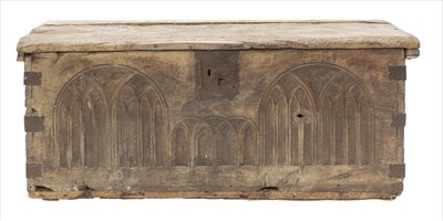 Lot 614 - A large elm and oak coffer