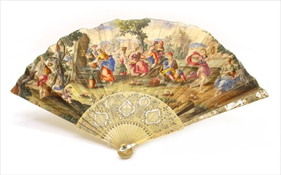 Lot 96 - A late 18th century, ivory, pique and mother of pearl inlaid fan