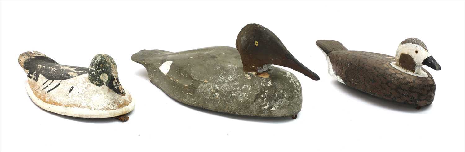 Lot 94 - Three painted pine decoy ducks