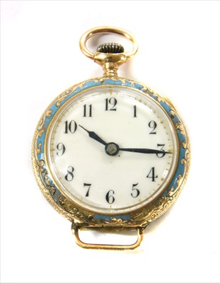 Lot 171 - A Swiss gold top wind open-faced fob watch