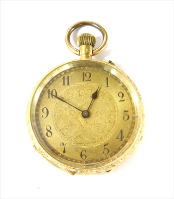 Lot 173 - A Swiss gold top wind pin set open-faced fob watch