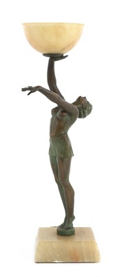 Lot 329 - An Art Deco patinated spelter and onyx figural table lamp