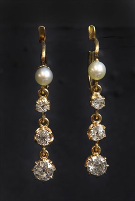 Lot 89 - A pair of early 20th century Continental gold, pearl and diamond drop earrings