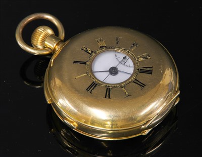 Lot 336 - A Swiss 18ct gold quarter repeater side wind half hunter pocket watch