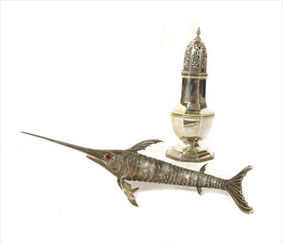 Lot 165 - A Spanish silver swordfish and a silver sugar castor