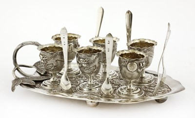 Lot 74 - A Chinese silver six-piece egg cruet