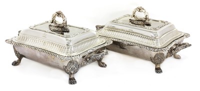 Lot 3 - A pair of Georgian silver entrée dishes and covers on heated stands