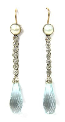 Lot 18 - A pair of platinum and gold, aquamarine, diamond and pearl drop earrings