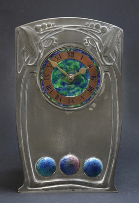 Lot 197 - A Tudric pewter and enamel clock, designed by Archibald Knox for Liberty & Co.