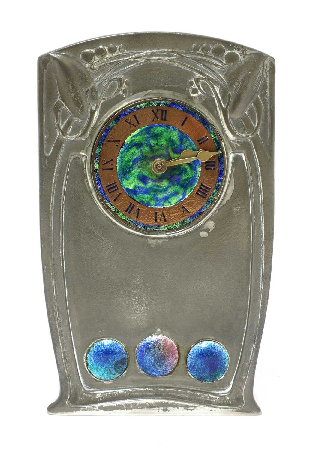 Lot 197 - A Tudric pewter and enamel clock, designed by Archibald Knox for Liberty & Co.