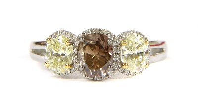 Lot 66 - An 18ct white gold three stone fancy diamond and white diamond regal cluster ring