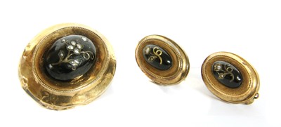 Lot 3 - A Continental gold split pearl and enamel brooch and earring suite