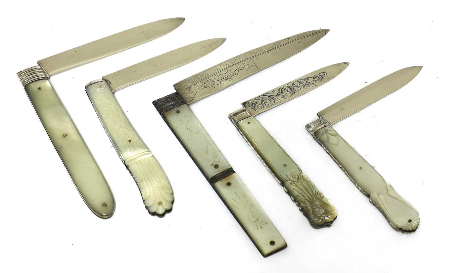 Lot 48 - Five silver and mother-of-pearl folding fruit knives