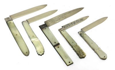 Lot 48 - Five silver and mother-of-pearl folding fruit knives