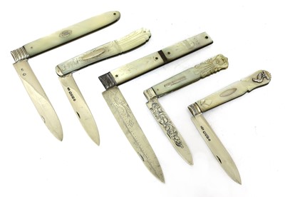 Lot 48 - Five silver and mother-of-pearl folding fruit knives