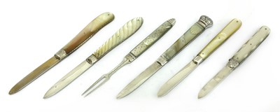 Lot 27 - Five silver and mother-of-pearl folding fruit knives and a fork