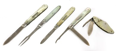 Lot 32 - Five silver and mother-of-pearl folding fruit knives and a fork