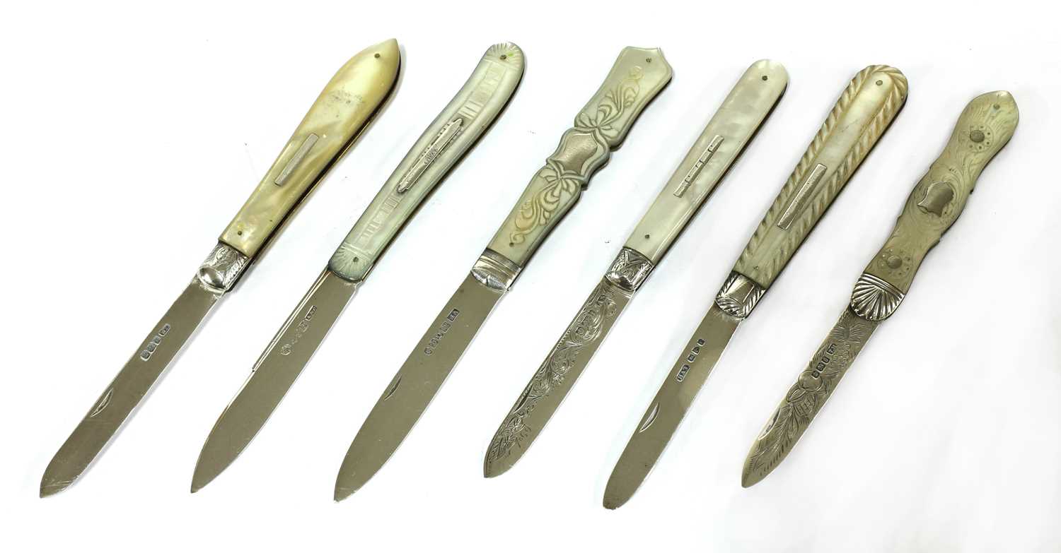 Lot 34 - Six silver and mother-of-pearl folding fruit knives