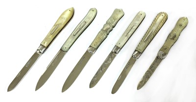 Lot 34 - Six silver and mother-of-pearl folding fruit knives