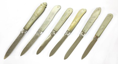 Lot 93 - Six silver and mother-of-pearl folding fruit knives