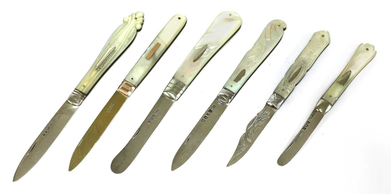Lot 43 - Six silver and mother-of-pearl folding fruit knives