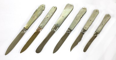 Lot 43 - Six silver and mother-of-pearl folding fruit knives