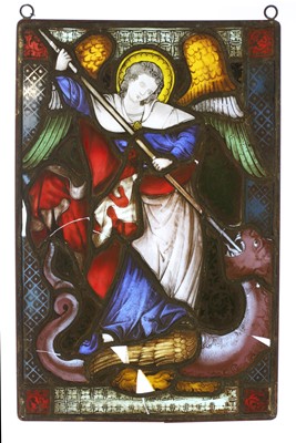 Lot 33 - A stained glass panel of an angel lancing a dragon