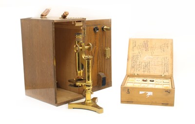 Lot 488 - A late 19th century lacquered brass monocular microscope