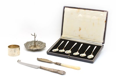 Lot 173 - A cased set of six silver and guilloche enamel coffee spoons
