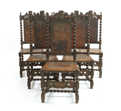 Lot 859 - Six leather oak dining chairs
