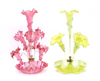 Lot 397 - A Victorian cranberry glass epergne