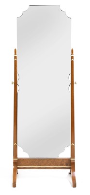 Lot 308 - An Art Deco walnut, amboyna, burr wood and ivory inlaid cheval mirror