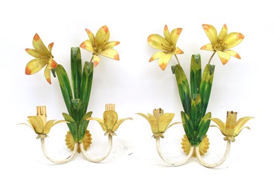 Lot 167 - A pair of modern Continental tin plate 'Daffodil' wall sconces (2)
