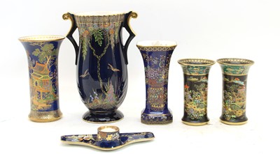 Lot 356 - A pair of Carlton ware black ground chinoiserie decorated vases