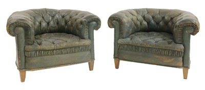 Lot 721 - A pair of Victorian green leather button upholstered club armchairs