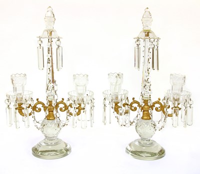 Lot 283 - A pair of two-branch cut-glass table lustres