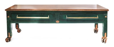 Lot 410 - A large copper topped green painted baker's table