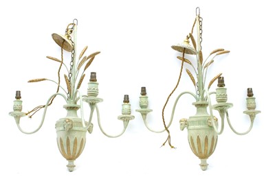Lot 393 - A pair of painted and gilt three-branch electroliers