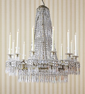 Lot 68 - A large George III-style gilt brass and cut-glass twelve-light chandelier